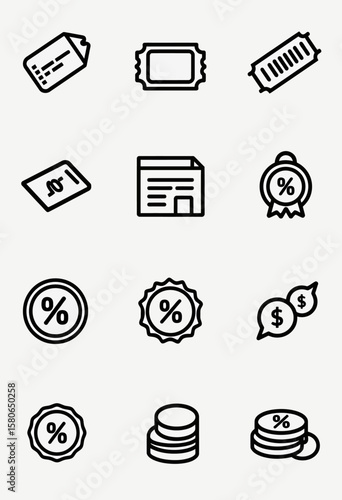 Comprehensive outline icons for finance and commerce: discount tags, news, percentage badges, and money, ideal for business, retail, and financial service applications.
