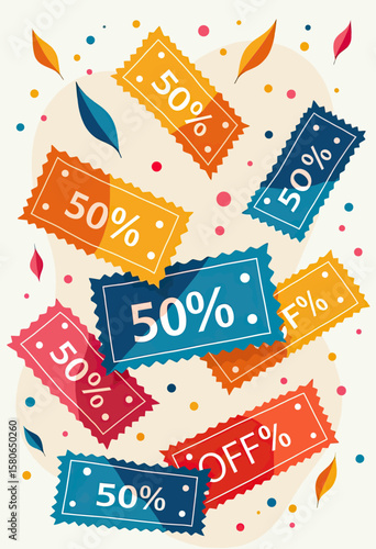Vibrant seamless pattern featuring 50% OFF discount tickets and colorful confetti, ideal for dynamic sales events, festive marketing, and rewarding consumer promotions.
