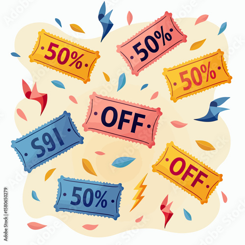 Dynamic illustration of colorful 50% OFF discount coupons falling with confetti, symbolizing exciting sales events, festive promotions, and rewarding shopping experiences.
