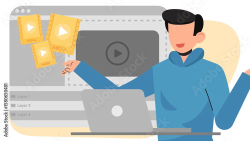 Modern Flat Video Editing Illustration. Editor Working on Timeline, Media Assets, and Content Creation Process
