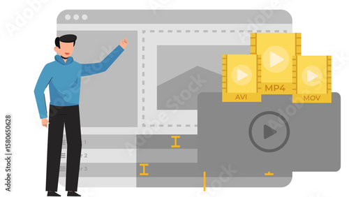 Modern Flat Video Editing Illustration. Editor Working on Timeline, Media Assets, and Content Creation Process