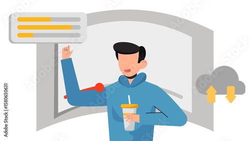 Modern Flat Video Editing Illustration. Editor Working on Timeline, Media Assets, and Content Creation Process