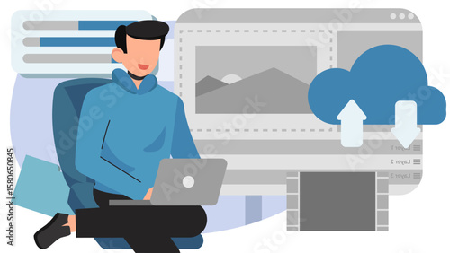 Modern Flat Video Editing Illustration. Editor Working on Timeline, Media Assets, and Content Creation Process