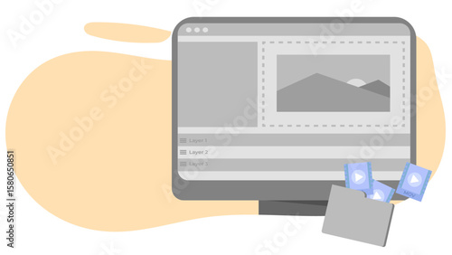 Modern Flat Video Editing Illustration. Editor Working on Timeline, Media Assets, and Content Creation Process