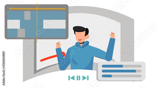 Modern Flat Video Editing Illustration. Editor Working on Timeline, Media Assets, and Content Creation Process