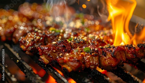 Wallpaper Mural Captivating Close-Up of Glossy Bulgogi with Rich Smoke and Grilling Flames Torontodigital.ca