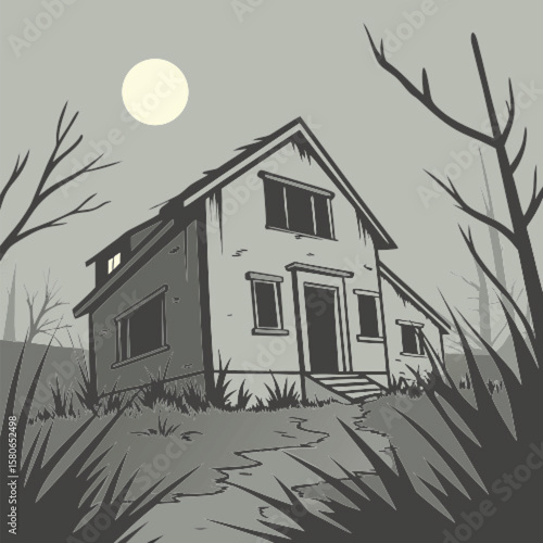 Old haunted house vector illustration in woodcut ink style.