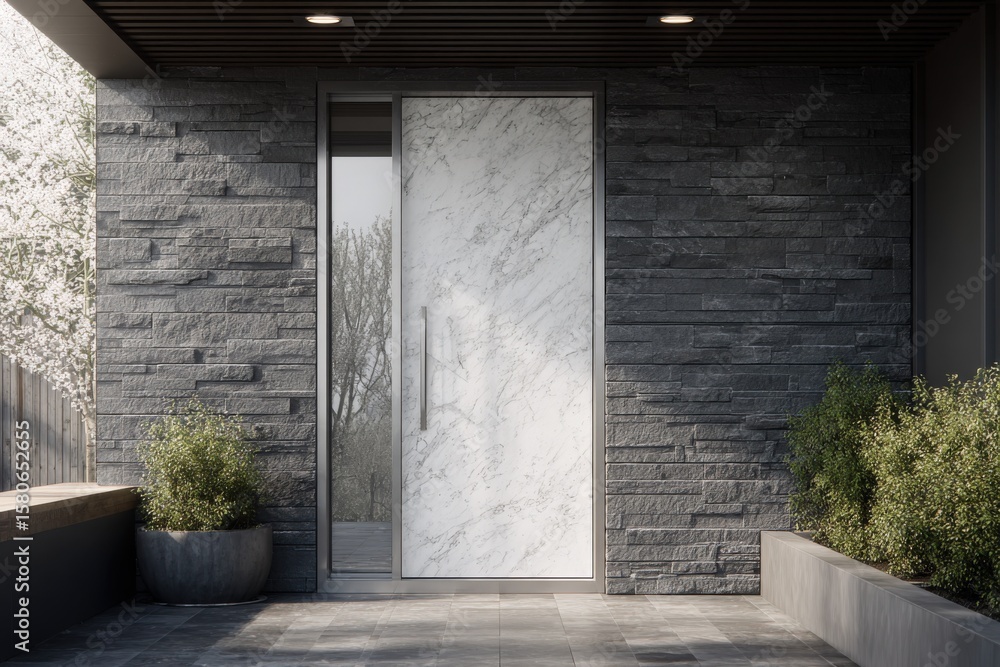 Modern exterior entrance with sleek marble door and dark stone wall design, surrounding greenery, minimal contemporary home façade Modern exterior entrance with sleek marble door and dark stone wall design, surrounding greenery, minimal contemporary home façade
