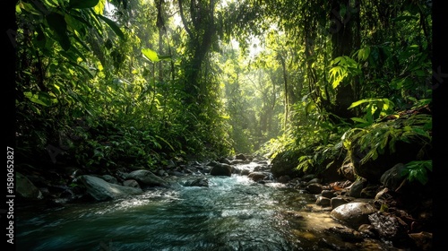 Lush dense tropical rainforest with vibrant green foliage and clear flowing mountain stream surrounded by rocks and sunlight filte through trees