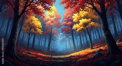 Autumn forest with colorful foliage canopy