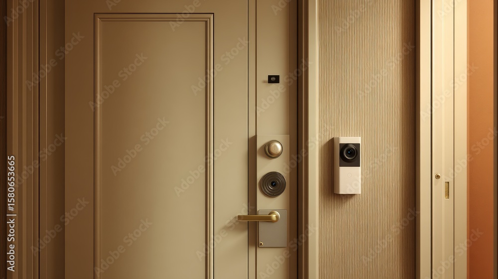 Interior view of front door with electronic lock, door sensor, and small wall camera Interior view of front door with electronic lock, door sensor, and small wall camera