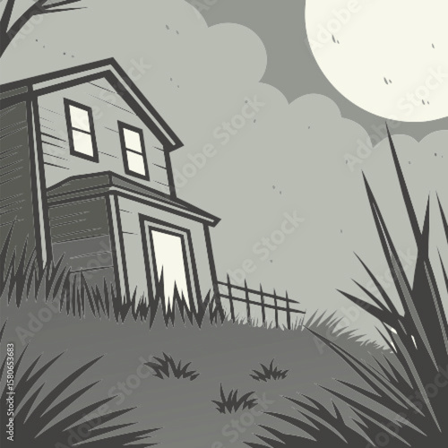 Rustic abandoned house vector illustration for print and design in detailed hand drawn style