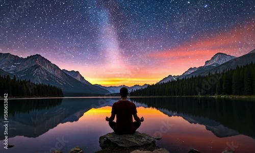 Serene meditation by a tranquil lake at sunrise, under a night sky of stars