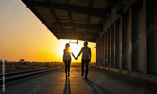 Silhouette of a couple walking hand-in-hand under a sunset at an old train station