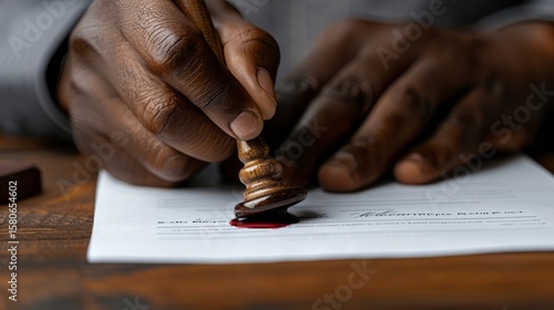 Imprinting Authenticity: Close-up of African American Hands Sealing a Document with a Wooden Stamp and Red Wax on a Brown Surface.
