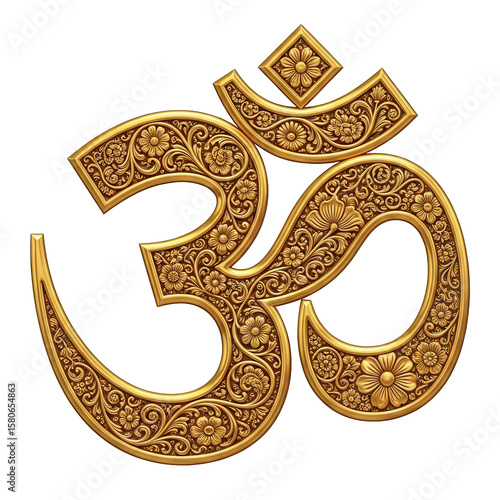 Golden Om symbol with detailed floral carvings, representing Hindu spirituality and peace