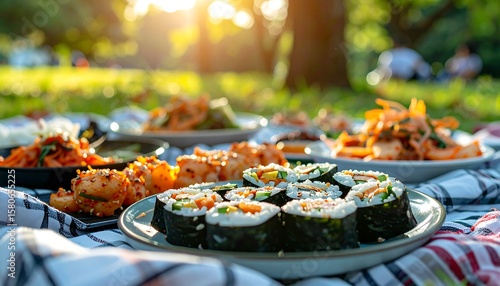 Serene Picnic Scene Featuring Kimbap and Assorted Korean Snacks in a Sunlit Park Setting