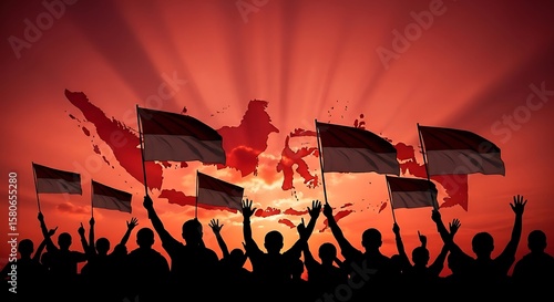 Silhouetted people wave Indonesian flags against a red sky with a map of Indonesia in the background.