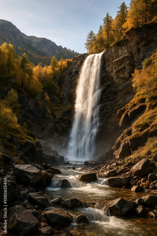 Obraz premium Majestic waterfall cascading through autumn landscape with vibrant colors