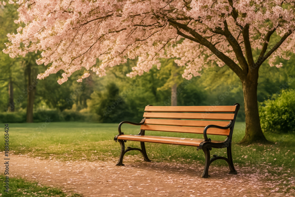 Serene park bench under beautiful flowering cherry blossoms Serene park bench under beautiful flowering cherry blossoms