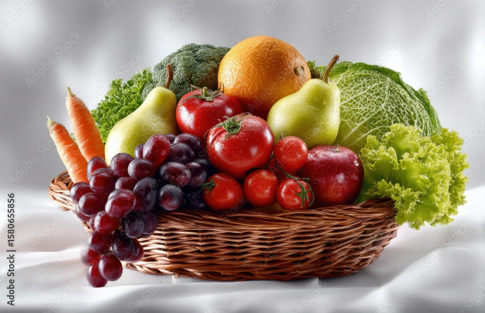 Fresh Organic Fruits and Vegetables in a Woven Basket on White Background with Natural Lighting and Healthy Food Concept Fresh Organic Fruits and Vegetables in a Woven Basket on White Background with Natural Lighting and Healthy Food Concept