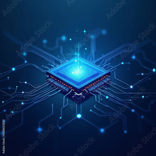 Abstract digital illustration of a microchip with glowing connections on a dark blue background.