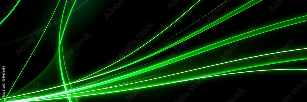 Fototapeta premium Dark abstract background with green neon glowing lines. Bold neon green light trails on a dark surface, creating a striking and futuristic effect. Perfect for tech, digital design themes