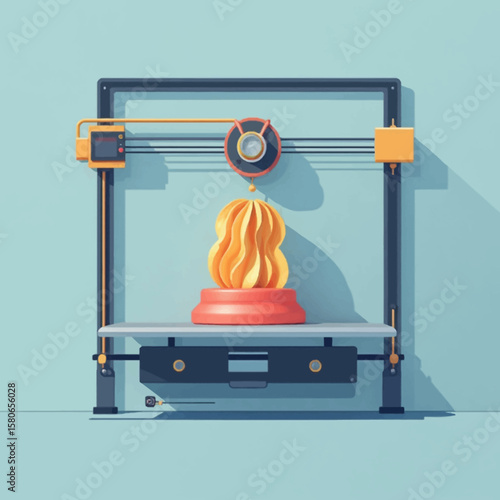 A 3D printer is constructing an abstract, orange, layered sculpture on a platform.