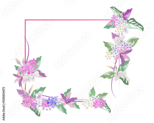 blossom flower frame with creeping leaves on white background