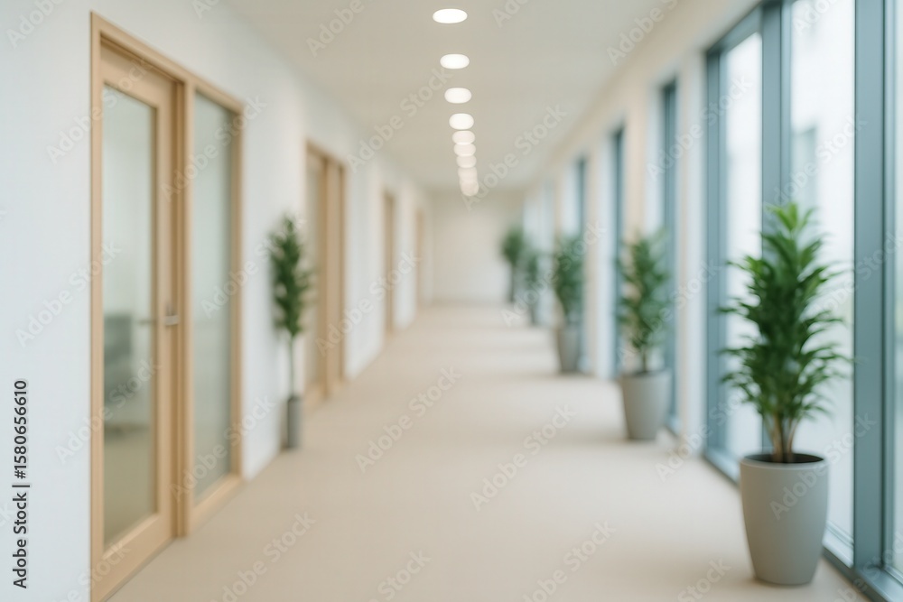 Fototapeta premium Modern Office Corridor Featuring Natural Light and Potted Plants in Minimalist Design with Contemporary Architecture Elements and Wood Accents in a Bright and Functional Workspace