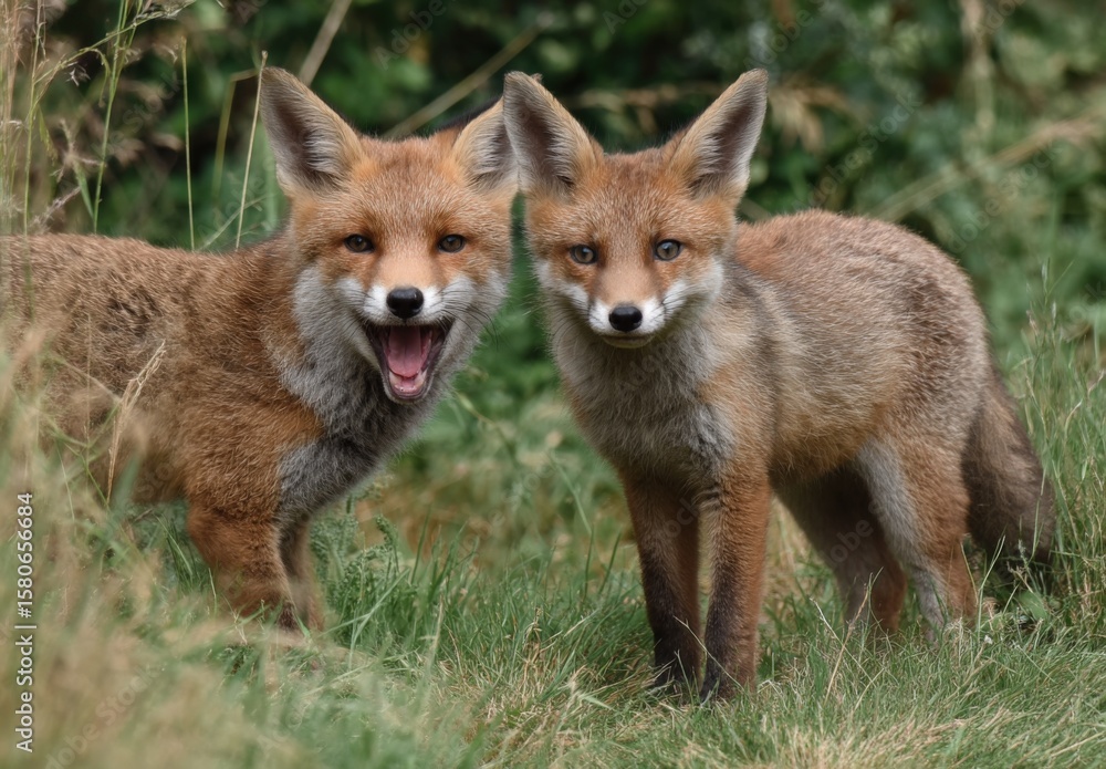 Fototapeta premium Two curious wild foxes in a lush green grassy field with dense foliage and trees in the background du daytime, wildlife nature scene