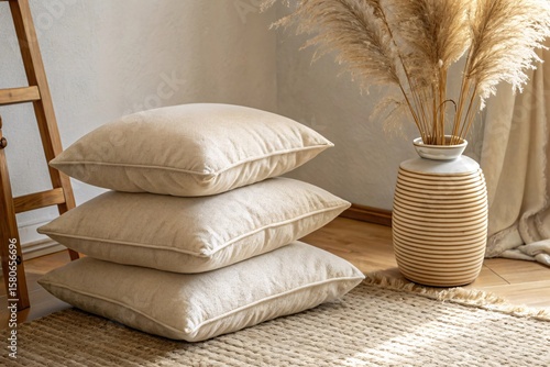 Soft textured square throw pillows with a cozy woven cover stacked elegantly on a natural fiber rug next to a tall dried grass arrangement in a ribbed vase