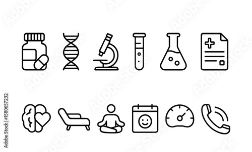 Scientific and wellness icons in minimalistic linear design