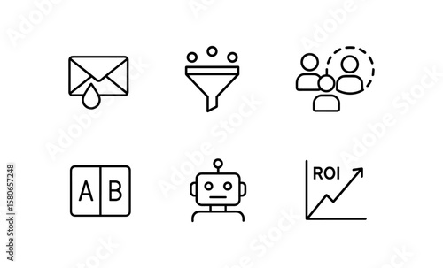 Marketing automation icons: email, funnel, audience, a/b test, bot, roi chart