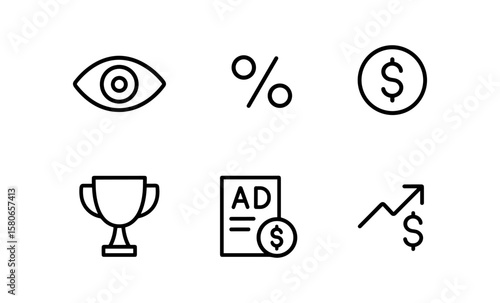 Essential advertising kpis icons: eye, dollar sign, trophy, chart, percentage and budget
