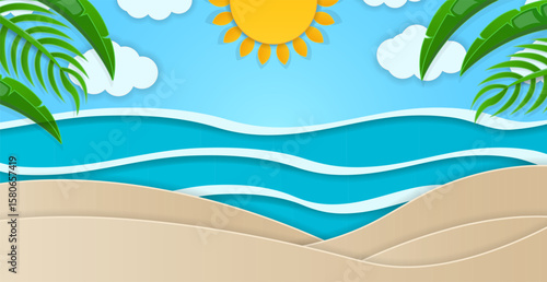 Summer beach vacation background illustration. Paper cut poster, palm leaves, sand and ocean waves. Travel concept banner. Tropical beach resort. Sea weekend sale flyer