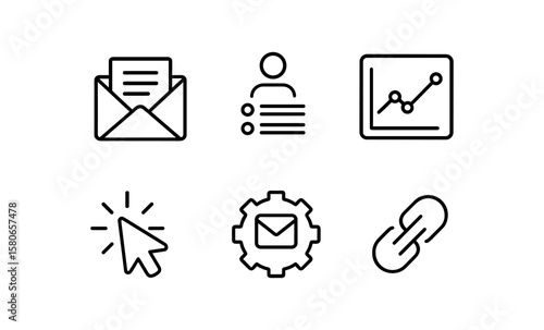 Icons for email marketing: newsletter, subscriber list, open rate, and more
