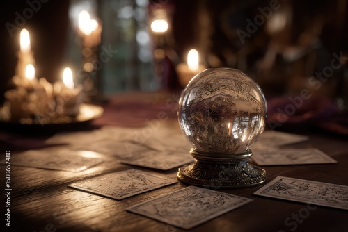 A crystal ball on an ornate stand is surrounded by tarot cards featuring mystical symbols, placed on a polished wooden table under candlelight, creating an esoteric divination atmosphere.