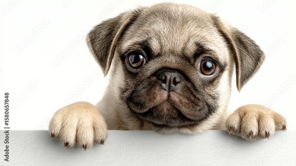 Obraz premium Adorable Baby Pug Puppy Pet Dog Looking Curiously Over White Surface with Sad Eyes and Floppy Ears for Animal and Pet Photography