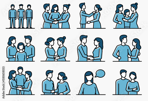 Diverse flat outline icons depicting various social interactions, communication, and interpersonal relationships, ideal for modern digital platforms, social networking, and community building.
