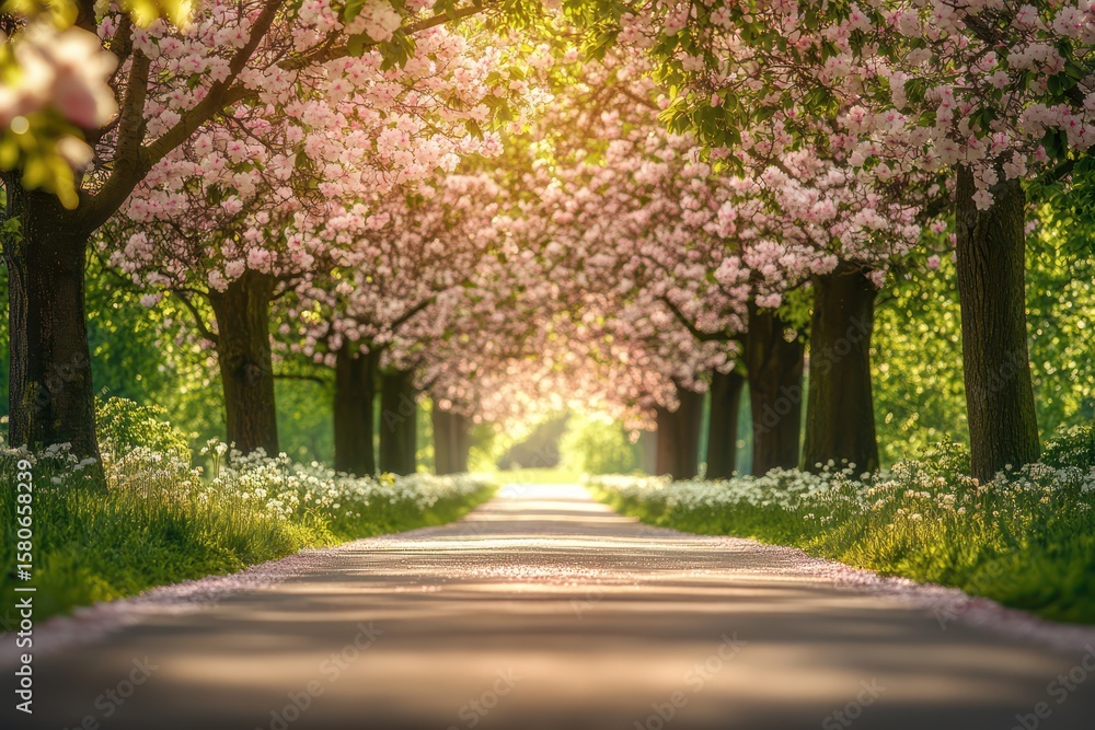 Naklejka premium Spring Road with Blooming Trees and Flowers