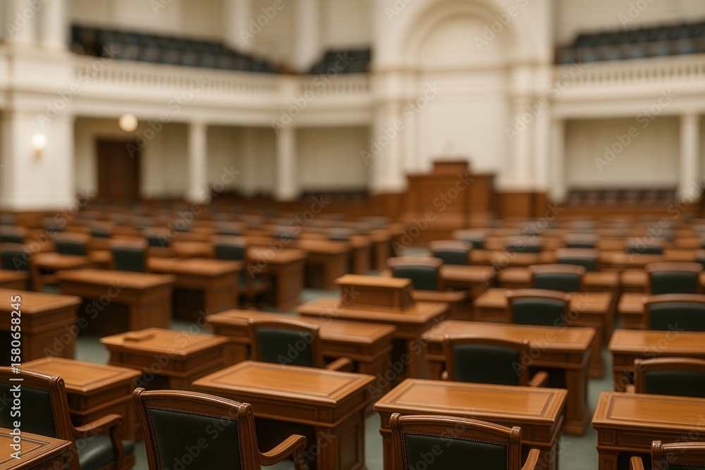 Fototapeta premium Grand Ornate Legislative Chamber With Rows of Wooden Desks and Chairs in Historic Government Building