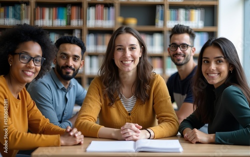 Group portrait of modern English language teacher and multi-ethnic immigrant students having class in library looking at camera. High quality