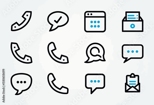 Modern outline icons for communication, including messaging, scheduling, phone calls, and search functions, designed for sleek digital interfaces and intuitive user experience across platforms.
