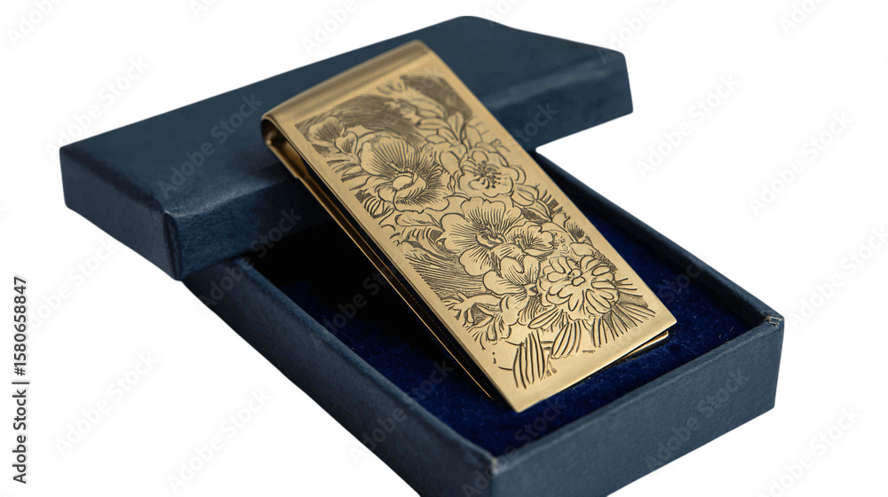 Fototapeta premium A engraved brass money clip in satin box variant 9669, white background --ar 16:9