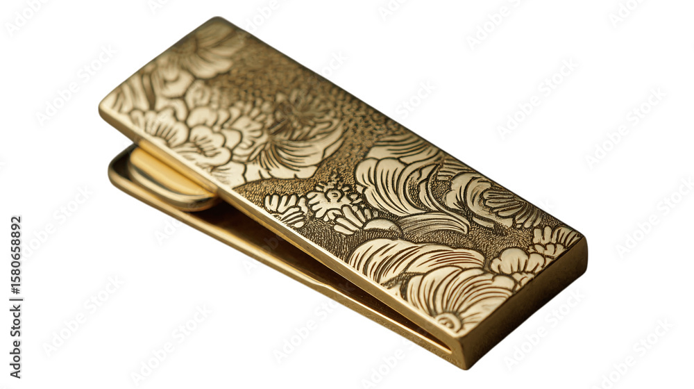 Fototapeta premium A engraved brass money clip in satin box variant 8230, white background --ar 16:9