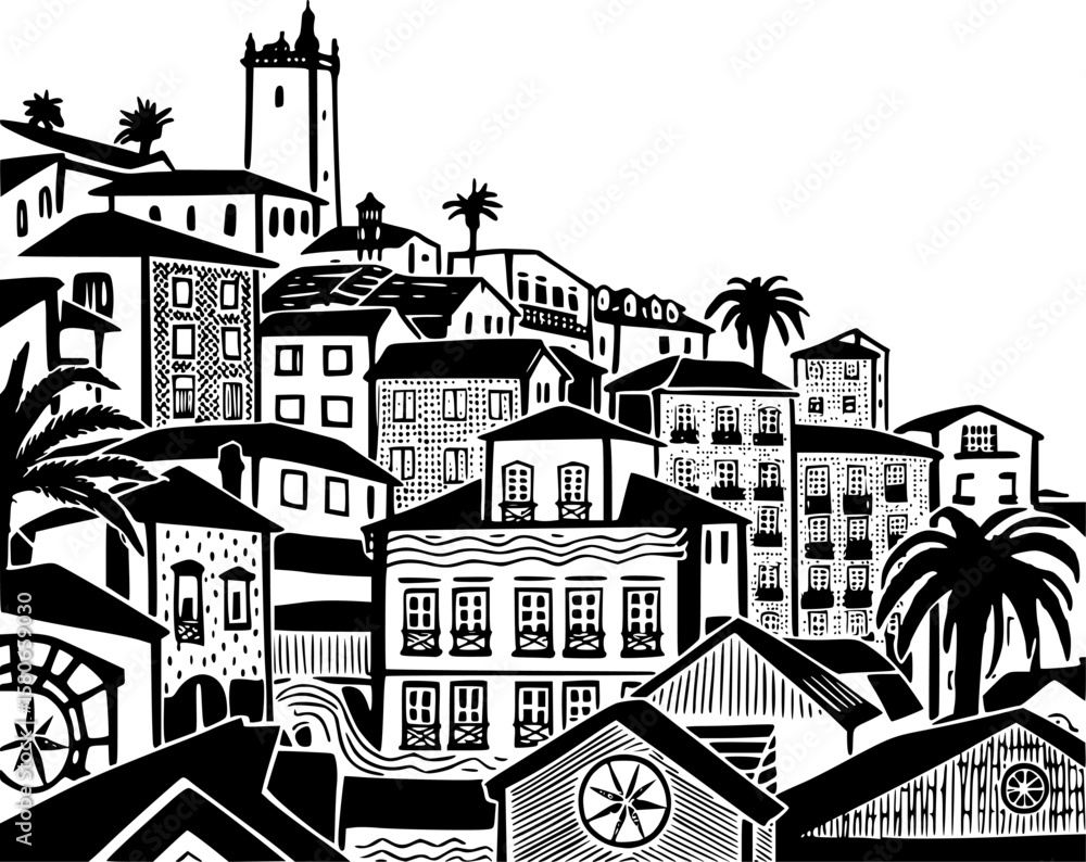 Naklejka premium Hand-drawn vector of a Portuguese hillside town with Belém Tower, traditional Lisbon architecture, tiled houses, palm trees, and coastal charm. Perfect for travel, posters, and decor design