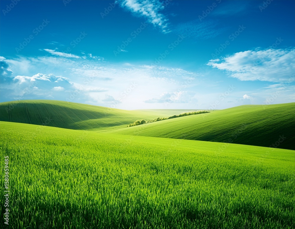 Fototapeta premium different grass fields silhouette landscape with green field and blue sky