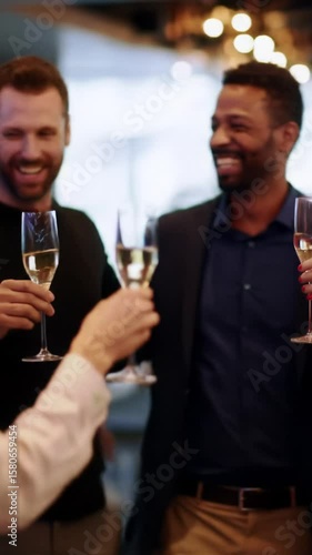vibrant video of diverse business-casual professionals, 20s-50s, celebrating with laughter, high-fives, toasts in a sleek modern venue with warm bokeh lighting. concept of collective joy and triumph