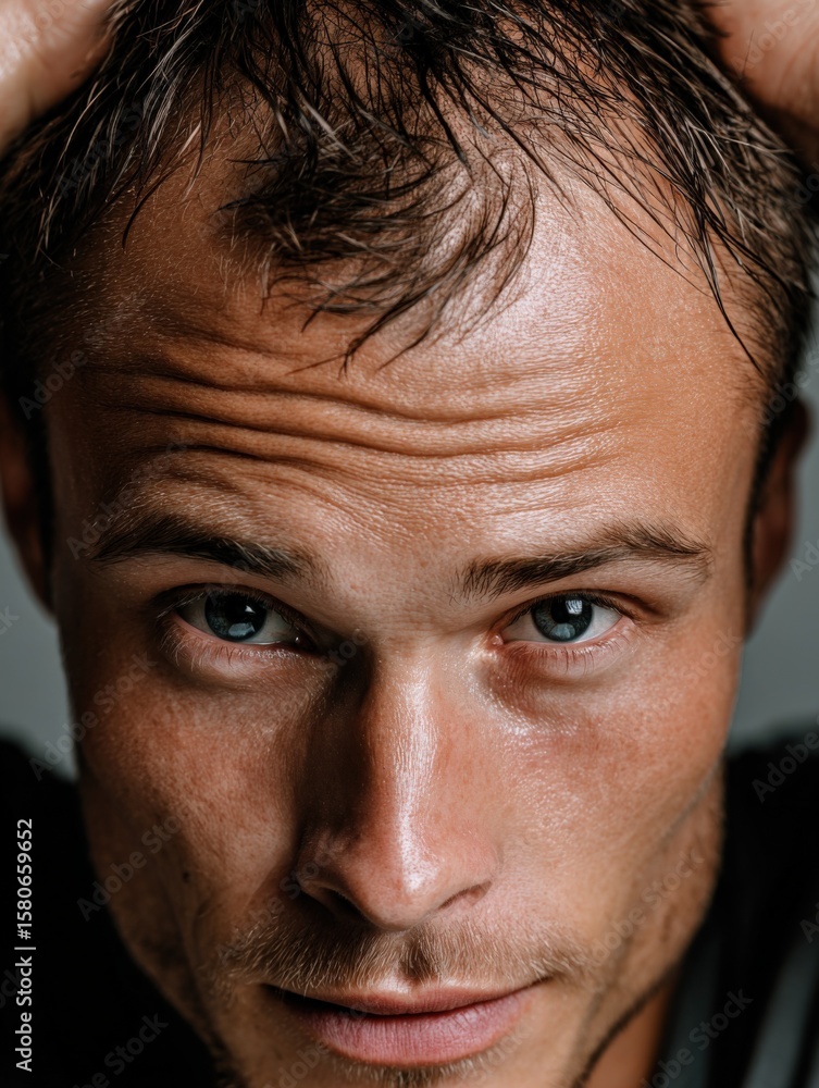Obraz premium Close-up portrait of a young man with blue eyes short hair and a subtle smirk indoors with soft lighting